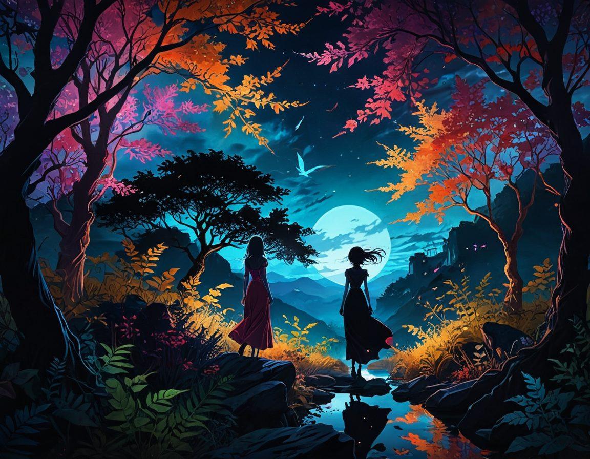 A captivating blend of vibrant colors depicting a surreal, dreamlike landscape inspired by adult anime and manga. Include alluring characters with intricate designs in the foreground, set against a backdrop of dark, whimsical aesthetics, featuring shadowy foliage and ethereal lights. Emphasize a balance of sensuality and mystery, encapsulating the essence of hentai art. super-realistic. vibrant colors. dark themes.