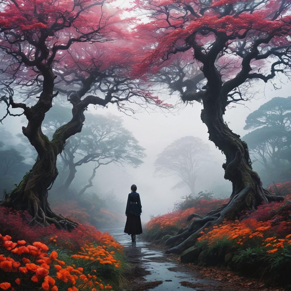 A split composition showcasing two contrasting worlds: one side featuring vibrant and alluring adult anime characters in a dreamy, colorful landscape, while the other unveils darker, gothic elements such as shadowy figures and surreal, unsettling surroundings. The characters express intense emotions, reflecting both desire and conflict, with intricate details in their expressions and attire. The overall tone should convey a sense of allure and mystery, blending beauty with a hint of danger. super-realistic. vibrant colors. dark aesthetics.