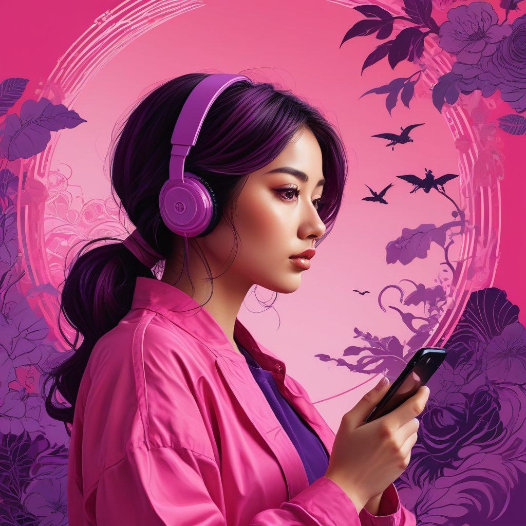 A visually striking collage featuring iconic scenes from hentai art juxtaposed with symbols of modern society, like smartphones and social media icons. Include vibrant shades of pink and purple to evoke sensuality. The background should have swirling patterns representing cultural influences and acceptance. At the forefront, a silhouette of a person contemplating these themes with a thoughtful expression. vector art. vibrant colors. dynamic background.